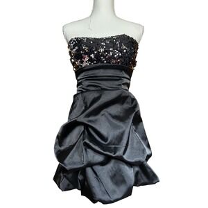 Y2K Deb‎ Black Sequin Strapless Ruched Bubble Hem Party Dress Size S